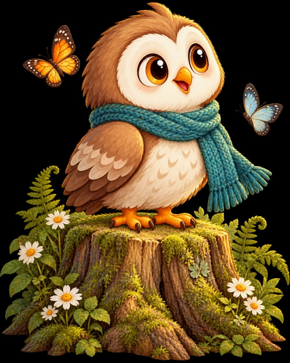 Owly wearing a blue scarf on a mossy woodland stump